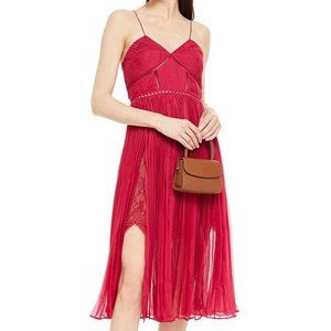 NEW SELF-PORTRAIT Layered lace and pleated chiffon midi dress hot pink NWT